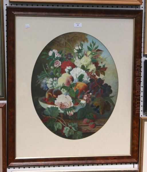 Oval Still Life Study Of Flowers And Fruit Oil Painting by Alexandre Jean Couder