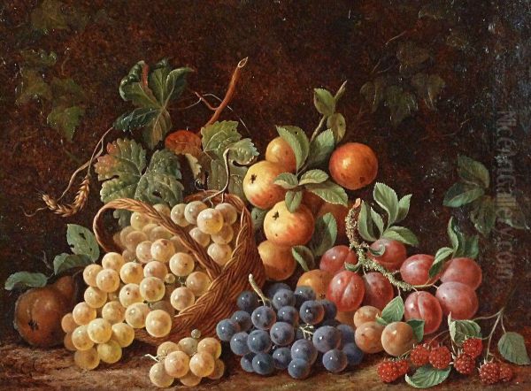 Nature Morte Aux Pommes, Prunes Et Raisins. Oil Painting by Gustave-Emile Couder