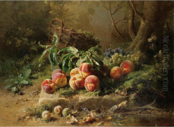 Peches Et Panier De Raisin Dans Un Sous-bois Oil Painting by Gustave-Emile Couder