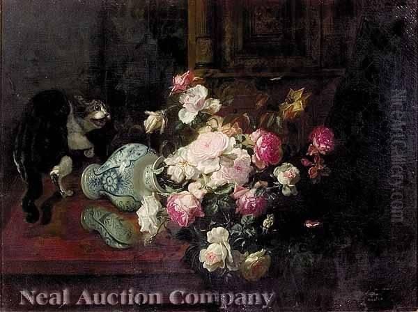 Cat Overturning A Vase Of Flowers Oil Painting by Gustave-Emile Couder