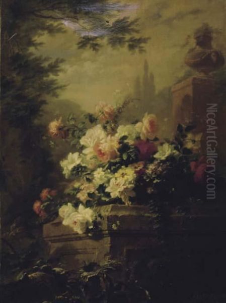 Basket Of Blossoming Flowers On A Ledge Oil Painting by Gustave-Emile Couder