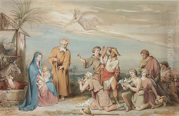 The Adoration Of The Shepherds Oil Painting by L. Charles Auguste Couder