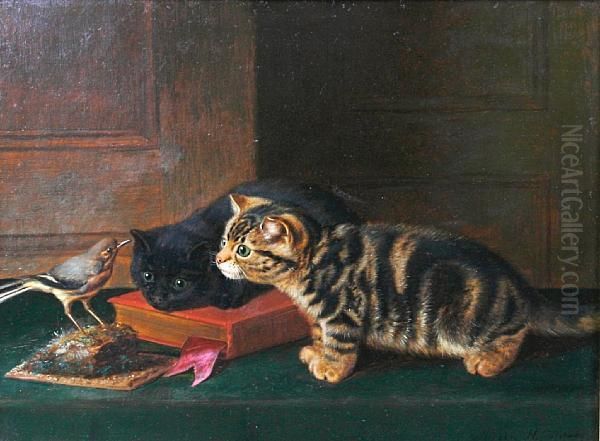 Two Curious Kittens And A Chaffinch Oil Painting by Horatio Henry Couldery