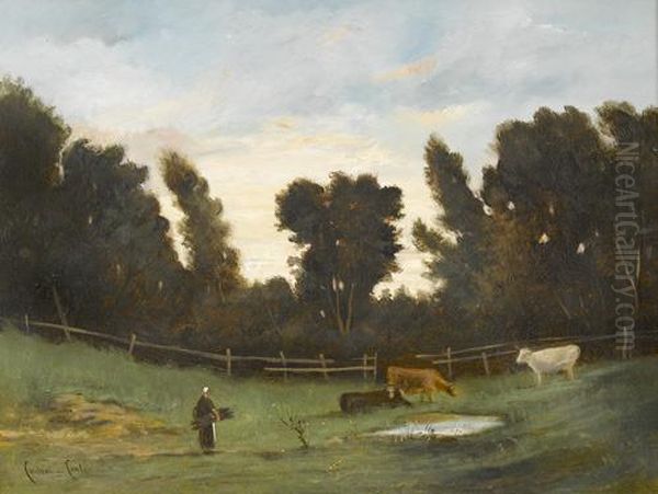 Landschaftspartie Mit Reisigsammlerin Und Kuhen Bei Teich. Oil Painting by Couleat Conti