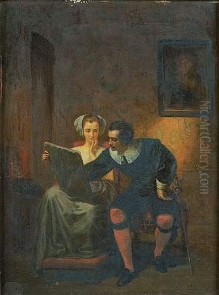 Couple Regardant Un Dessin Dans Un Interieur Oil Painting by Louis Coulon