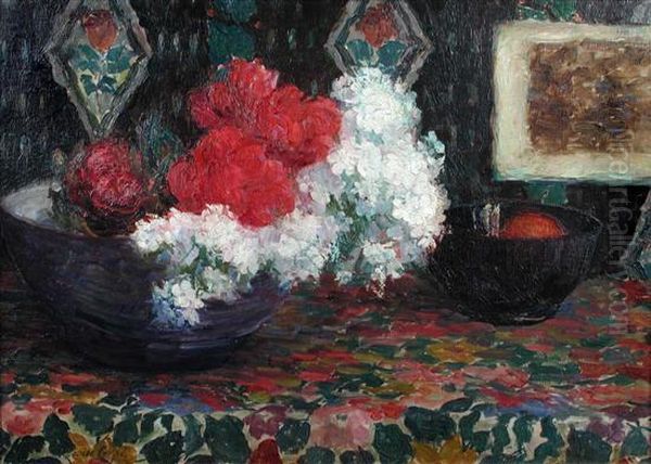 Still Life Of Roses And White Lilac In A Bowl Oil Painting by Louise Coupe