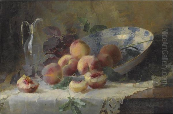 A Still Life With Peaches And A Porcelain Bowl Oil Painting by Louise Coupe