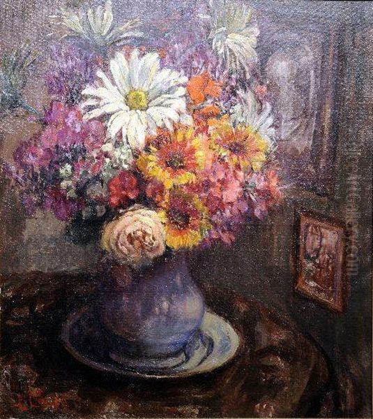 [vase Garni De Fleurs.] Huile Sur Toile, Signee En Bas A Gauche Oil Painting by Louise Coupe