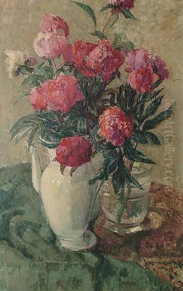 Still Life Of Flowers With White Jug And Glass Vase Oil Painting by Louise Coupe