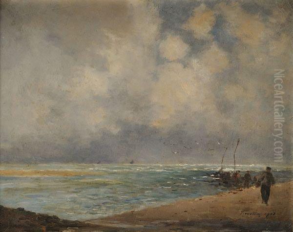 La Plage De Trouville Oil Painting by Maurice Francois A. Courant