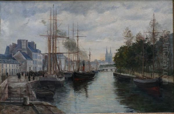 Bateaux Au Port Oil Painting by Maurice Francois A. Courant