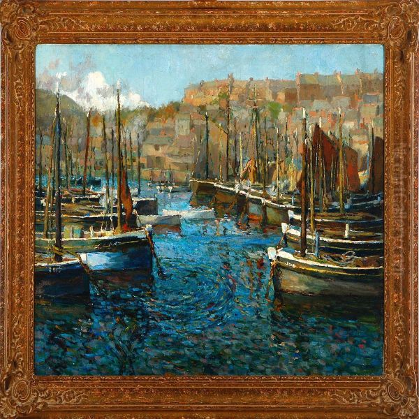 A Harbour Scenery With Sailships Oil Painting by Maurice Francois A. Courant