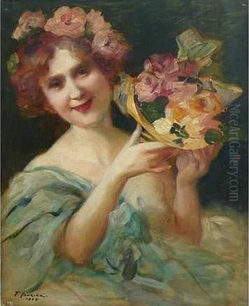 Jeune Femme Tenant Des Fleurs. Oil Painting by Felix Courche