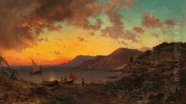 Les Pecheurs Au Coucher Du Soleil Oil Painting by Vincent Courdouan