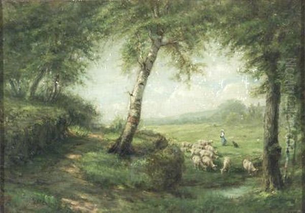 Landscape With Sheep Oil Painting by Franklin C. Courter