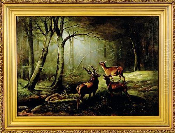 Wooded Landscape With Deer Oil Painting by Hal Alexander Courtney Morrison