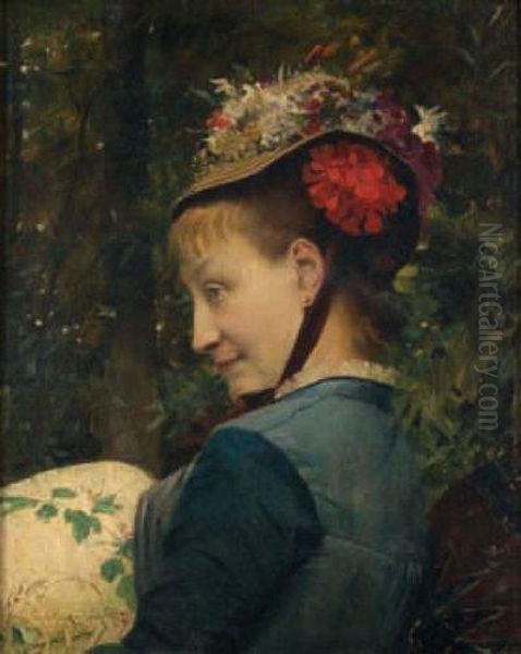 Portrait D'elegante Au Chapeau Fleuri Oil Painting by Gustave Claude Etienne Courtois