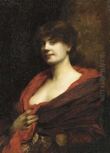 An Elegant Lady With A Red Shawl Oil Painting by Gustave Claude Etienne Courtois