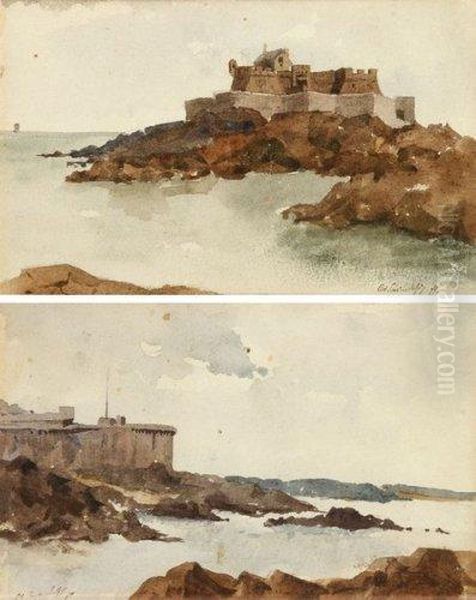 Un Chateau Fort Sur Une Falaise Oil Painting by Octave Courtois Suffit