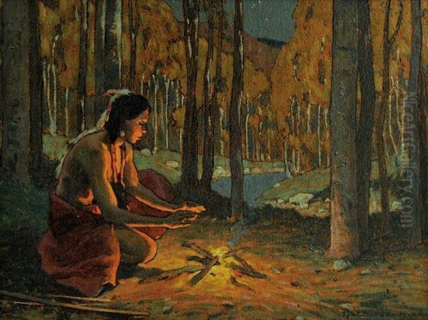 Indian With Campfire Oil Painting by Eanger Irving Couse