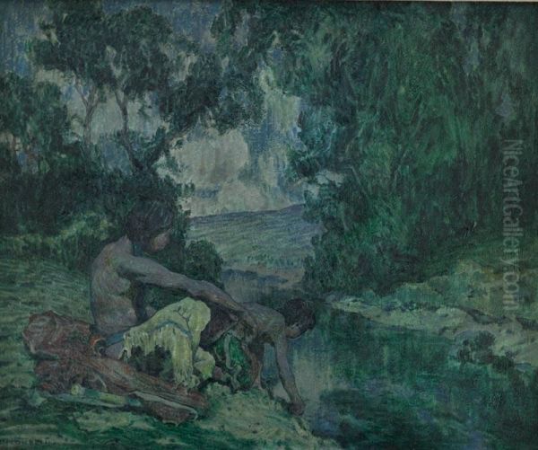 Indians By Moonlit Stream Oil Painting by Eanger Irving Couse