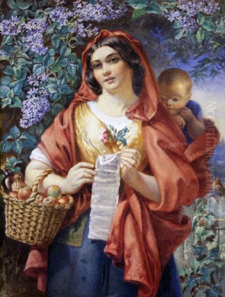 Woman With A Basket Of Fruit And Child. Oil Painting by Charles Cousen