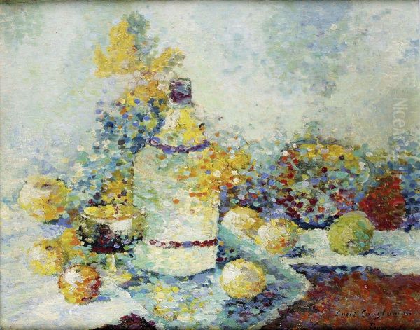 Nature Morte Aux Fruits Et A La Bouteille Oil Painting by Lucie Cousturier