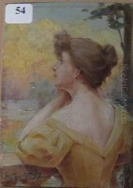 Portrait De Jeune Femme Accoudee A Une Balustrade Regardant Le Paysage Oil Painting by Hyppolite Coutau