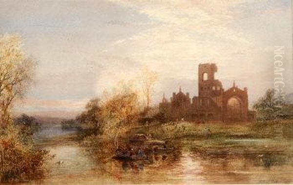 Kirkstall Abbey, Abbey Ruins And River Aire With Figures In Rowing Boats Oil Painting by Hubert Coutts