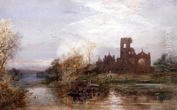 Kirkstall Abbey, With Figures In Punts On The River Before Oil Painting by Hubert Coutts