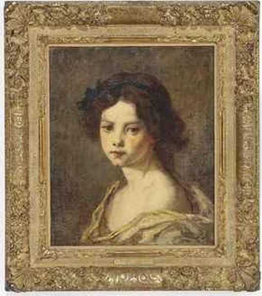 Portrait Of A Girl, Head And Shoulders, Ribbon In Her Hair With Ayellow Warp Around Her Shoulders Oil Painting by Thomas Couture