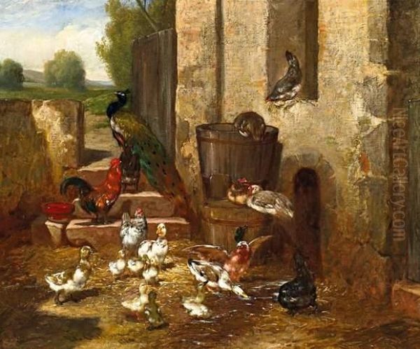 Chickens, Ducks And A Peacock Behind The Stable Oil Painting by Philibert Leon Couturier