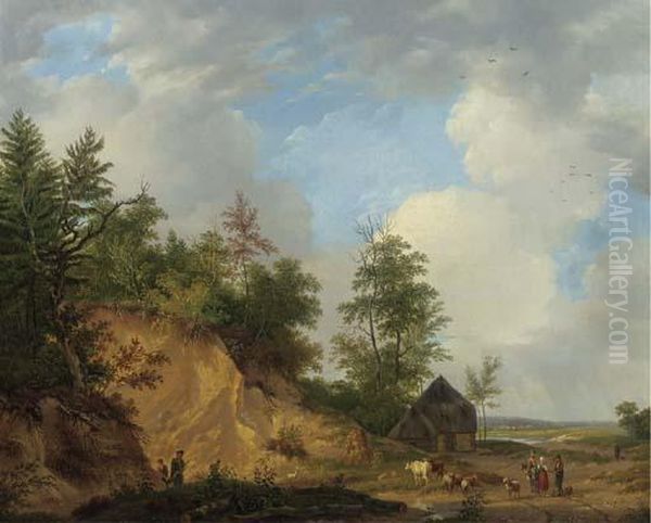 Figures Conversing By A Crag In A Panoramic Summer Landscape Oil Painting by Abraham Johannes Couwenberg, Jzn.