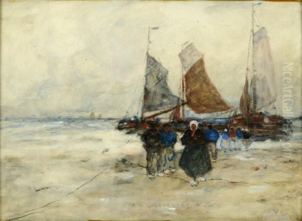 Coastal Scene With Moored Fishing Boats And Figures In The Foreground Oil Painting by Robert Mcgown Coventry