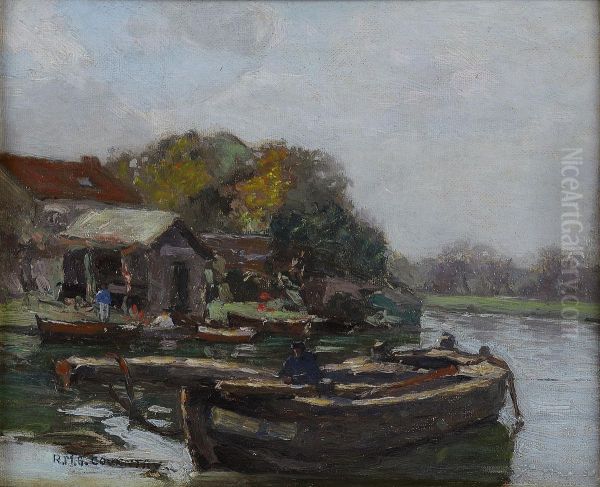 River Landscape With Barge Oil Painting by Robert Mcgown Coventry