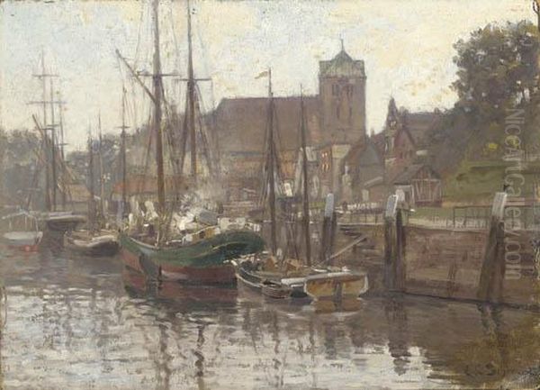 Boats Moored On A Canal by Carl Cowen Schirm