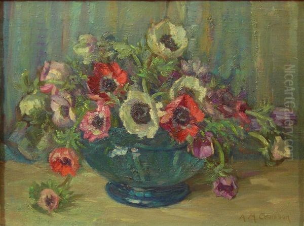 Still Life With Anemones In A Blue Glass Bowl Oil Painting by Agnes M. Cowieson