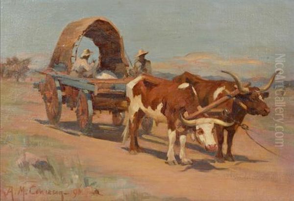 Returning From The Fields - Cattle Drawing A Covered Wagon Oil Painting by Agnes M. Cowieson