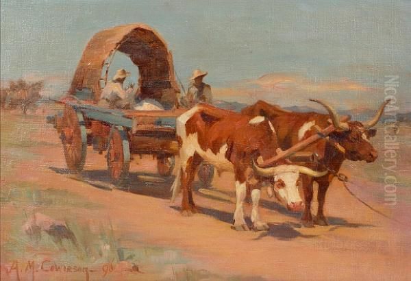 Returning From The Fields - Cattle Drawing Acovered Wagon Oil Painting by Agnes M. Cowieson