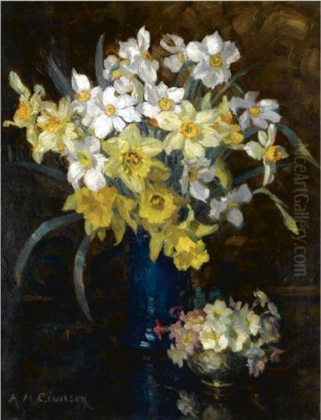 Still Life With Daffodils Oil Painting by Agnes M. Cowieson