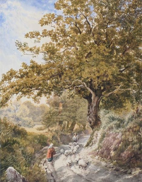 Figures And Sheep On A Woodland Track Oil Painting by Alfred Wilson Cox