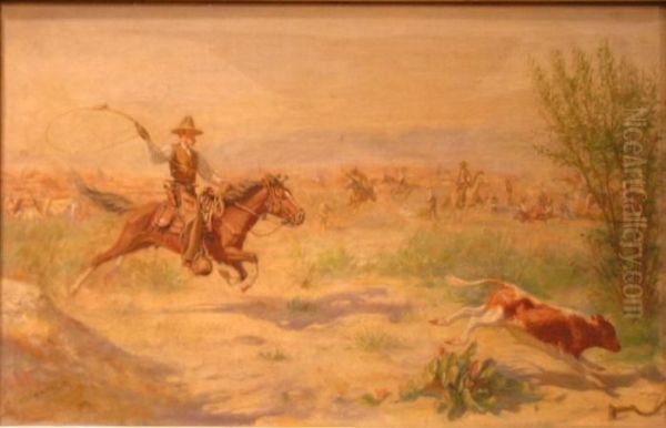 (i) The Round-up, Near The Rio Grande - Mexico Oil Painting by Charles Brinton Cox