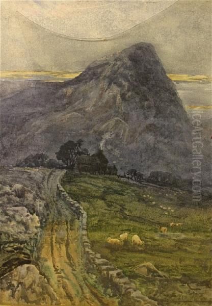 Sheep Grazing Before A Mountain Oil Painting by Charles T. Cox