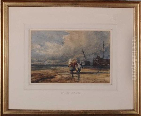 Figures On A Beach On A Blustery Day Oil Painting by David I Cox