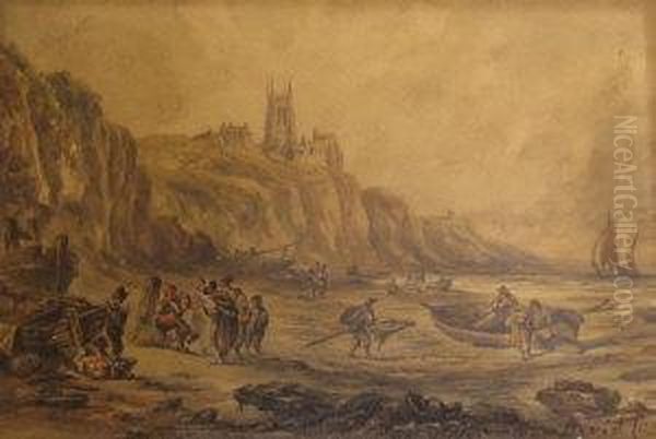 Figures Loading Rowing Boats On The Shore With Historic Town On The Cliff Tops Oil Painting by David Cox