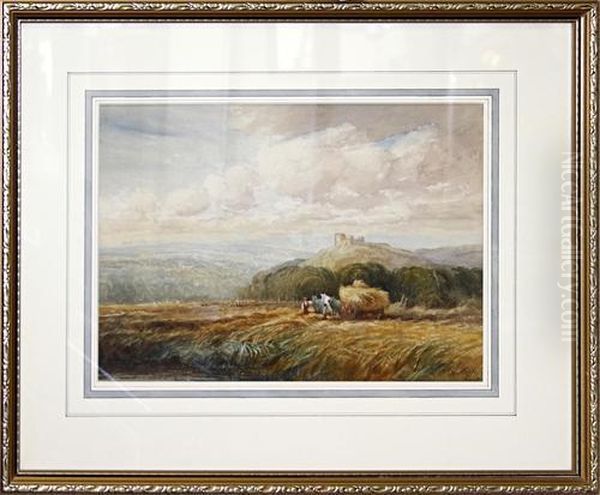 Rural Landscape With Haycart, Hilltop Castle In The Distance Oil Painting by David Cox