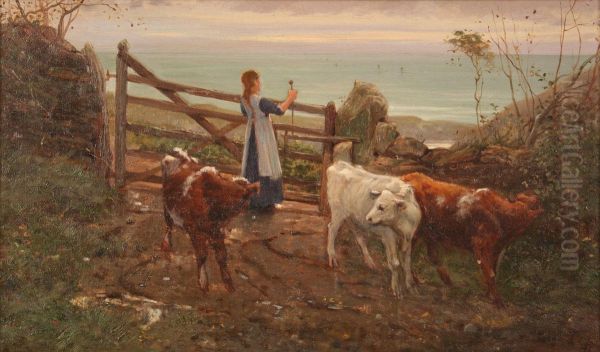 Coastal Landscape With A Girl Looking Out To Sea And Closing A Five-bar Gate Beside Cows On A Path Oil Painting by Frank E. Cox