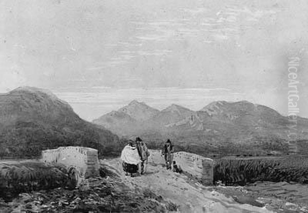 Figures Crossing A Bridge In A Mountainous Landscape Oil Painting by David Cox