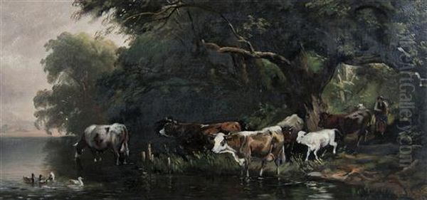 Cows By Stream Oil Painting by Jacob Cox