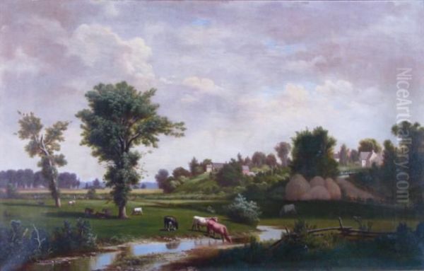 Cows In Pasture, With Village Oil Painting by Jacob Cox